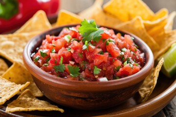 Red salsa and tortilla chips in a bowl