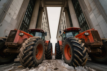 Tractors in row block traffic on city street, Farmers protest, Demonstration due to economic problems - obrazy, fototapety, plakaty