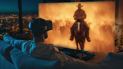 Man watching western movie at home using AR headset - obrazy, fototapety, plakaty