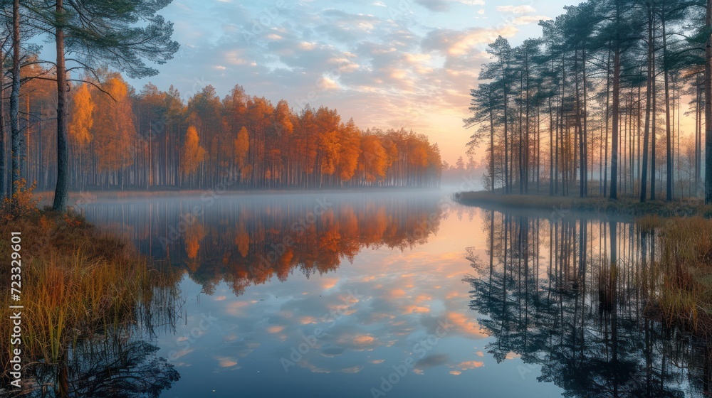 Poster a body of water surrounded by trees in the middle of a forest with a sky filled with clouds and a fe