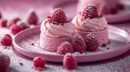  a pink plate topped with two desserts covered in frosting and raspberries next to a plate of raspberries on a pink cloth covered table cloth.