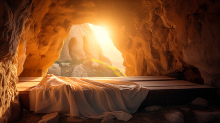 Bible, Easter, Resurrection, The empty tomb of Jesus, where the shrouds lie abandoned. The sun rises.