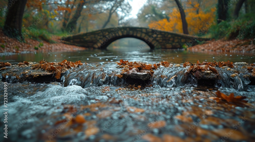 Poster a bridge over a river in a park with leaves on the ground and a river running under it with a stone 
