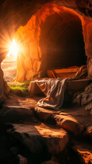 Bible, Easter, Resurrection, The empty tomb of Jesus, where the shrouds lie abandoned. The sun rises.