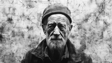 Foto op Plexiglas a black and white photograph of an old man/grandfather with a beard with a smiling facial expression. © Stewart Bruce