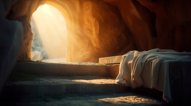 Bible, Easter, Resurrection, The empty tomb of Jesus, where the shrouds lie abandoned. The sun rises.