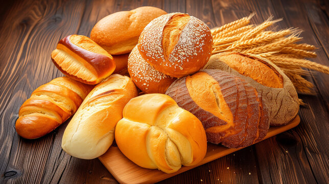 Bread Symphony: A Harmony of Assorted Breads on Wooden Elegance. Generative AI