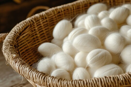 Silk fabric comes from white silkworm cocoons stored in a basket