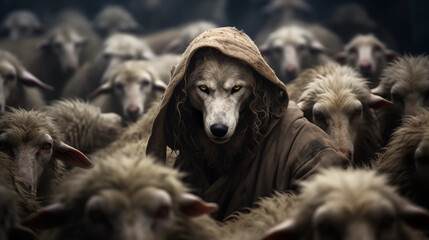Wolf mit Kapuze zwischen Schafen in Schafherde. Konzept: Redewendung 
