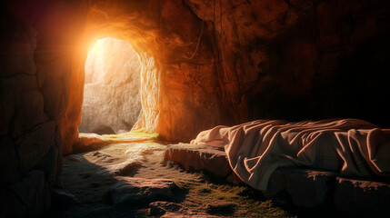 Bible, Easter, Resurrection, The empty tomb of Jesus, where the shrouds lie abandoned. The sun rises.