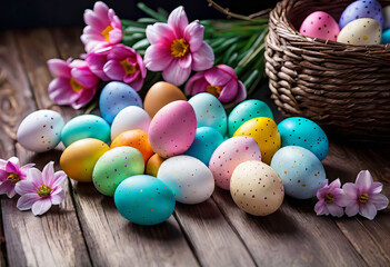 Obraz na płótnie Canvas Easter decorations, colorfully painted and decorated Easter eggs and spring flowers on a wood background, Empty space for typography and logo.