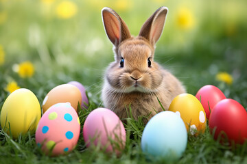 Fototapeta na wymiar Cute brown bunny with colorful Easter eggs on grass meadow