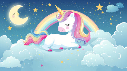 Adorable kawaii illustration of a magical unicorn in a dreamy cloud kingdom