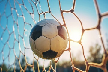 Soccer ball scores a goal in a championship match promoting sports activity
