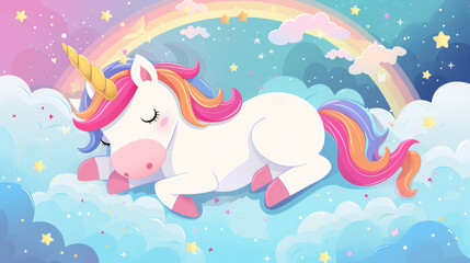 Adorable kawaii illustration of a magical unicorn in a dreamy cloud kingdom