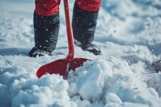 Snow being cleared by man using shovel outside in winter closeup