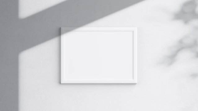 Horizontal Poster Frame Video Mockup A ISO, White Blank Frame On White Wall, Landscape Art Mockup, Minimalist Motion Mockup