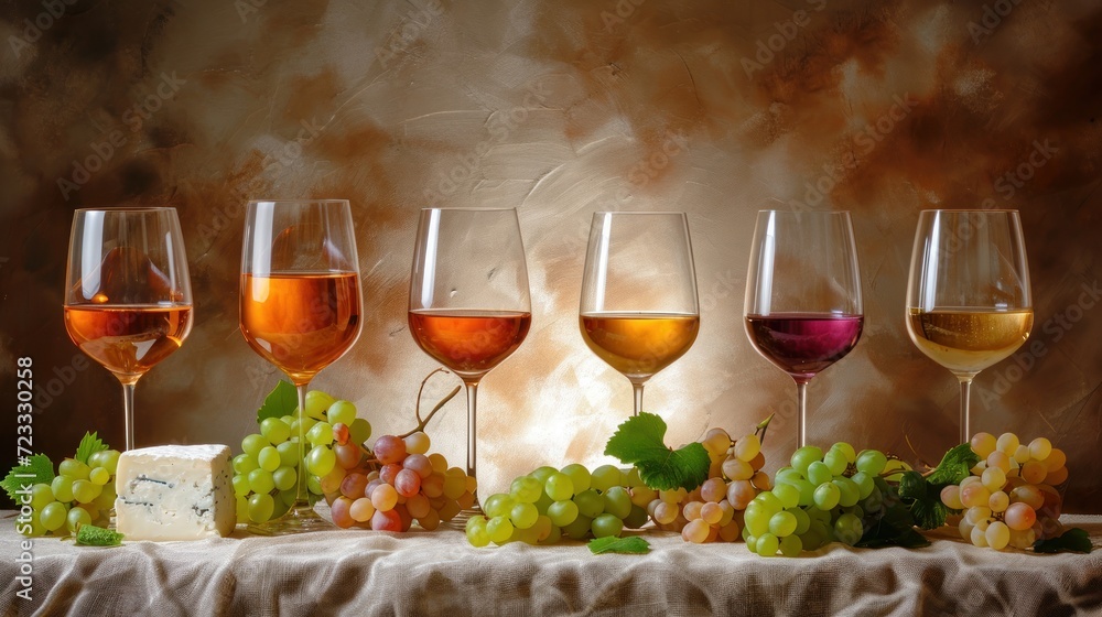 Poster a table topped with lots of glasses of wine next to a bunch of grapes and a block of cheese on top o