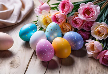 Fototapeta na wymiar Easter decorations, colorfully painted and decorated Easter eggs and spring flowers on a wood background, Empty space for typography and logo.