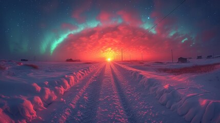  the sun is shining brightly in the sky over a snow covered road in the middle of a field with snow on both sides of the road and in the foreground.