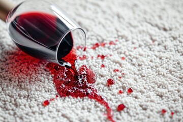 Spilled red wine on white carpet up close