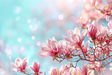 Springtime banner featuring a magnolia tree with blooming flowers against a pastel blue sky and...