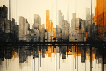 City skyline with reflection painting in black, orange and beige colors banner