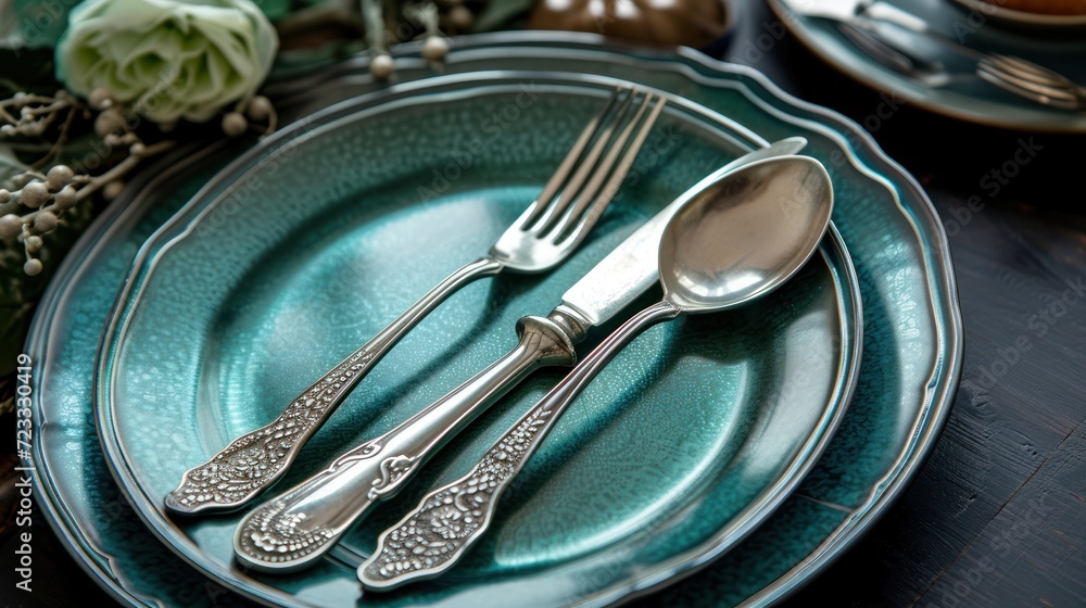 Poster a close up of a plate with two forks and a knife and a plate with a spoon and spoon rest on a table 