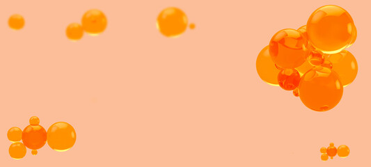 Peach fuzz colored balls or bubbles on bright pastel background. Abstract geometric shapes 3D render