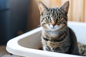 Tabby cat staring at the camera from the litter box