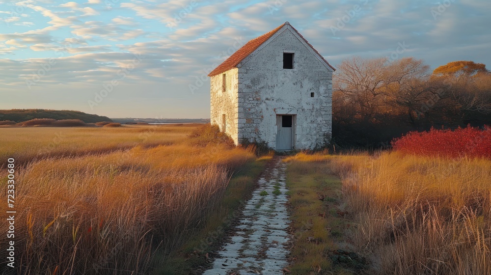 Poster an old abandoned house in a field with a path leading up to the door and a path leading up to the do