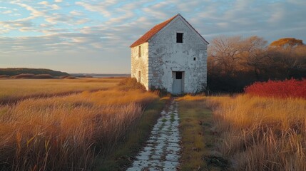  an old abandoned house in a field with a path leading up to the door and a path leading up to the door that leads to the door of the house.