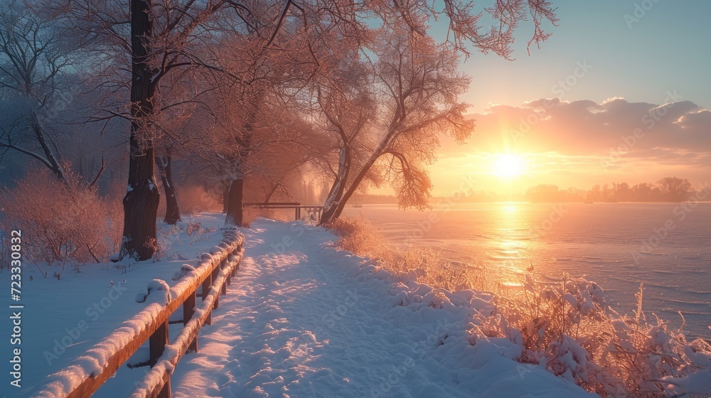 Poster a snow covered path next to a body of water with trees on both sides of the path and the sun setting