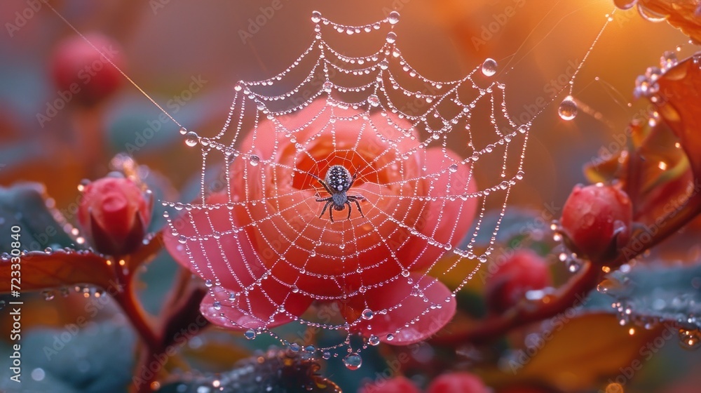 Aufkleber a spider sits in the center of a spider web on a red flower with dew drops on the spider's web as it