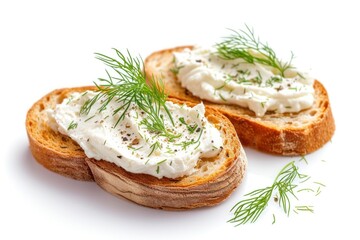 Toasted bread with creamy dill cheese on white background including clipping path