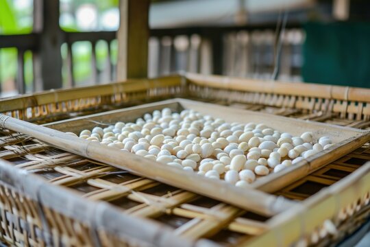 Thai silkworms cultivated in bamboo trays yield silk thread and fabric