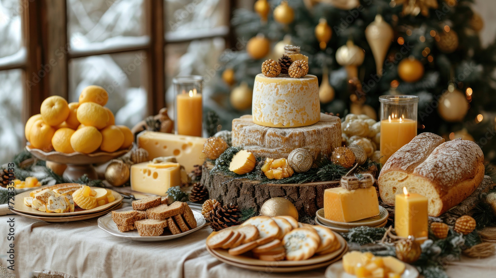 Poster a table topped with a cake covered in frosting next to a pile of cookies and oranges next to a chris