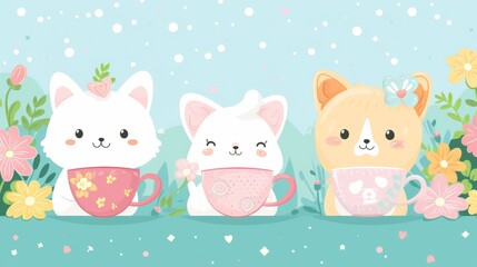 Kawaii cartoon illustration of a cozy tea party with cute animals, pastel colors, and whimsical teacups
