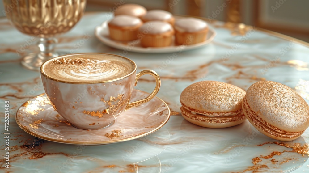 Poster a table topped with a cup of coffee next to a plate of cookies and a plate of macaroni and cheese on