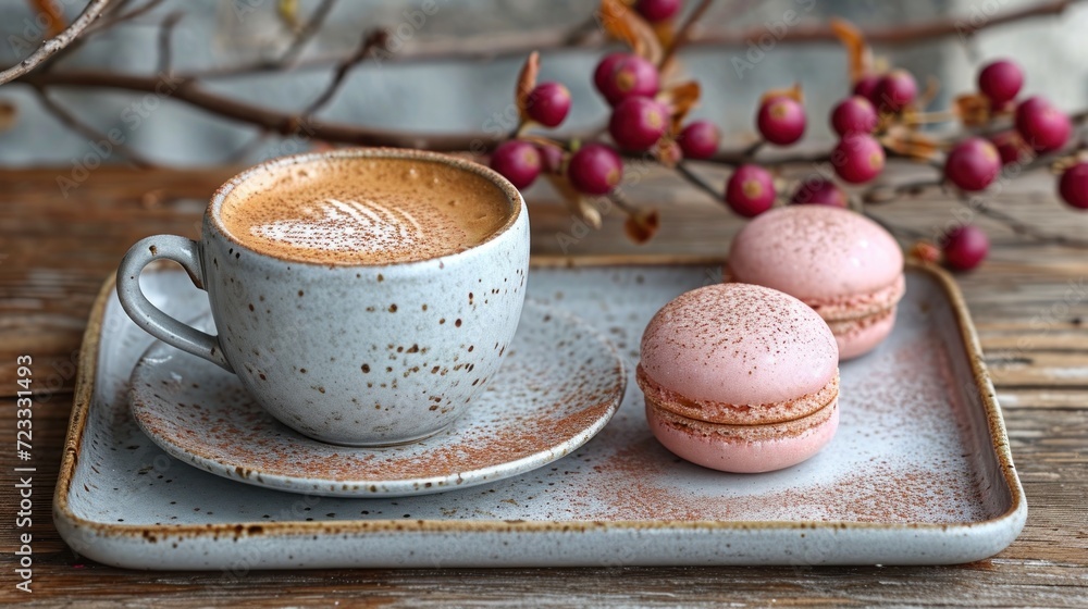 Poster  a cup of coffee and two macaroons sit on a tray next to a branch with red berries and a branch with red berries on the other side of the table.