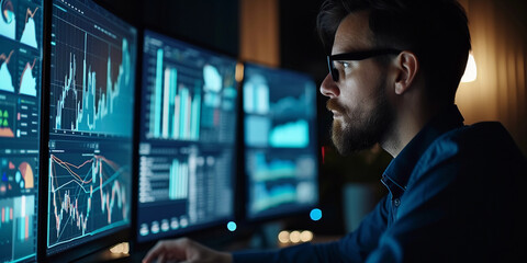 risk analyst at work, focused on multiple computer screens displaying intricate risk models and financial data, in a dimly lit, quiet office setting