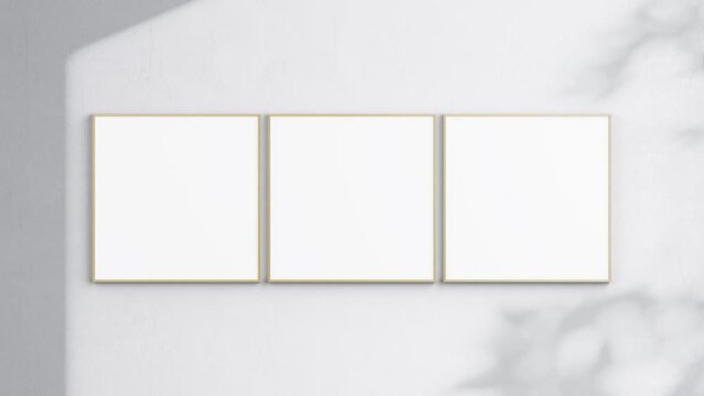 Three Square Poster Frames Video Mockup, Wooden Blank Frames On White Wall, Poster Mockup, Minimalist Motion Mockup
