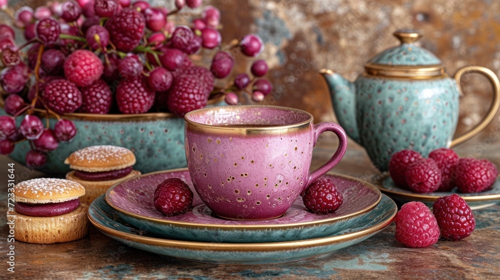 Poster a table topped with a cup of coffee next to a plate filled with raspberries and a muffin next to a t