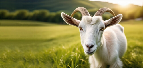 Obraz premium Banner with white goat grazing in summer field sunny day, blurred background with space for text. Health benefits of farm milk, farming, cattle walking. Micronutrients, beta-casein.