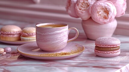  a cup of coffee next to a plate of pink macaroons and a vase with pink roses in the background on a marble table with a pink marble surface.