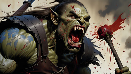 orc in battle with bloody face