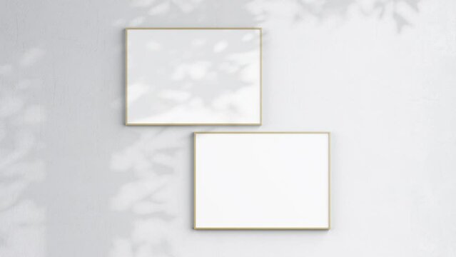 Two Horizontal Poster Frames Video Mockup A ISO, Landscape Wooden Blank Frames On White Wall, Poster Mockup, Minimalist Motion Mockup