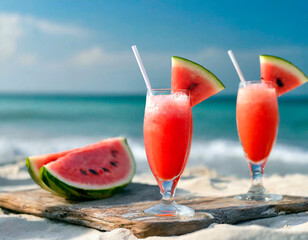 Tropical watermelon cocktails on a paradise beach. Directly on the sand facing the sea for an aperitif of pure relaxation during a day of holiday at the seaside. Thirst-quenching drink ideas.