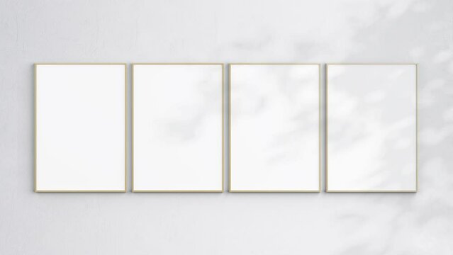 Four Poster Frames Video Mockup A ISO, Wooden Blank Frames On White Wall, Poster Mockup, Minimalist Motion Mockup