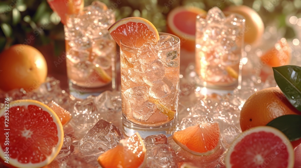 Poster a group of oranges and grapefruits sitting next to each other on top of a table with ice cubes and s